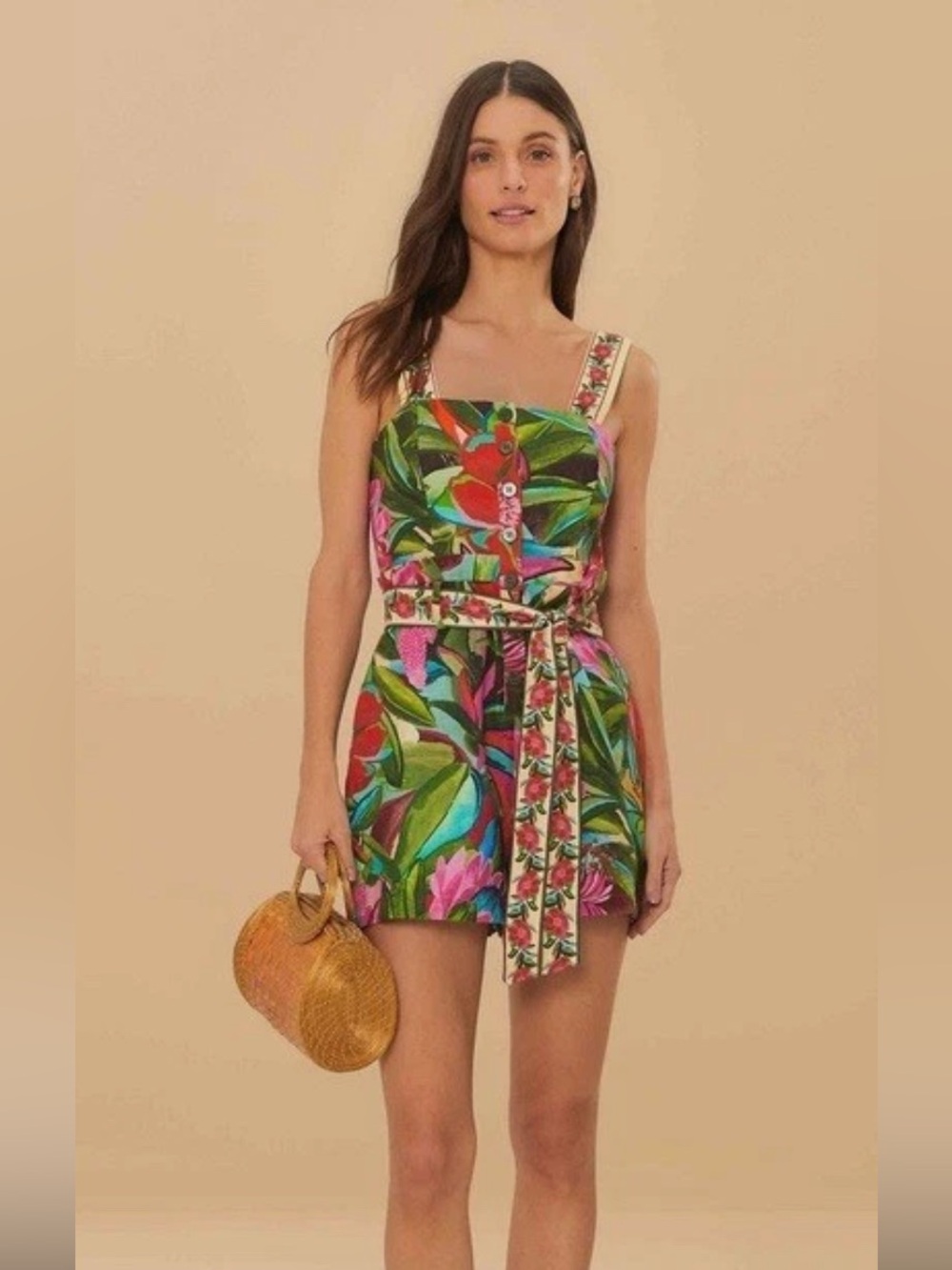 FARM RIO Jardin De Reve Linen Blend Romper Size Small Pink Green Multicolor NWT